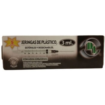 JERINGAS DE PLASTICO 3 ML CON AGUJA 22GX32MM 5 PIEZAS