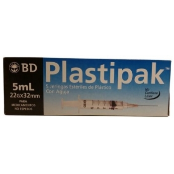 JERINGAS ESTERILES DE PLASTICO 5 ML 22GX32MM PLASTIPAK 5 PIEZAS