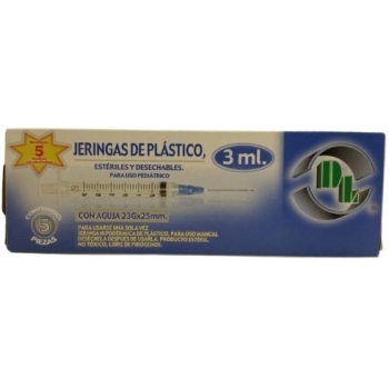 JERINGAS DE PLASTICO 3 ML  CON AGUJA 23GX25MM 5 PIEZAS